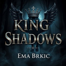 A visually striking book cover for 'King of Shadows', featuring the title prominently displayed in shiny metallic letters that reflect light, creating an eye-catching focal point