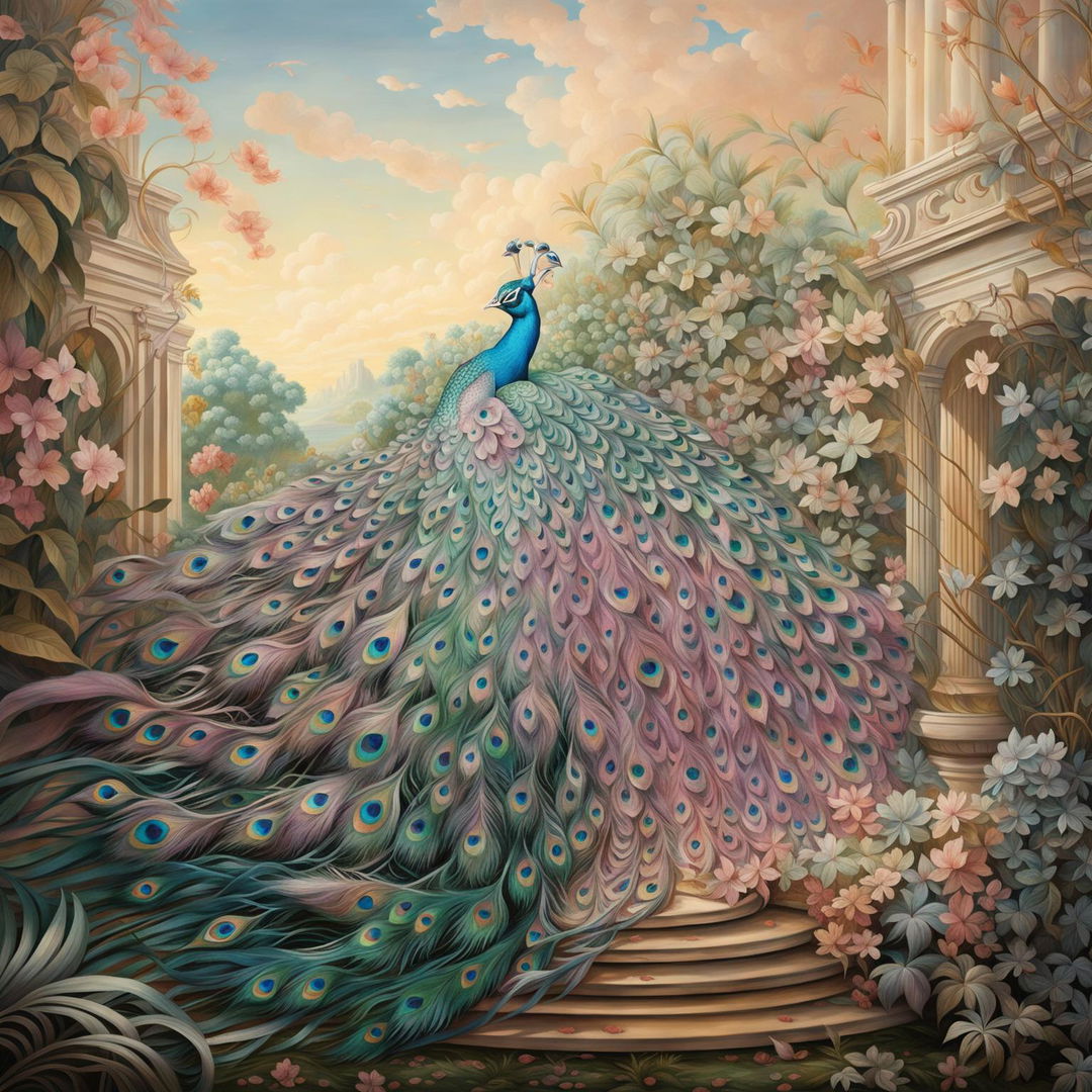 A Rococo-style painting featuring a vibrant pastel peacock in an opulent garden setting.