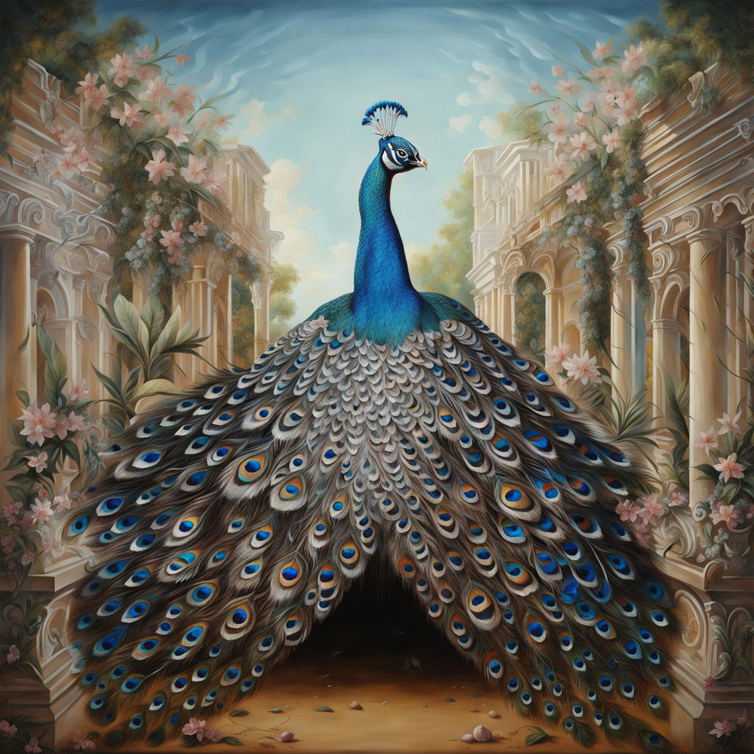 A Rococo-style painting featuring a symmetrical front view of a vibrant peacock in an opulent garden setting.