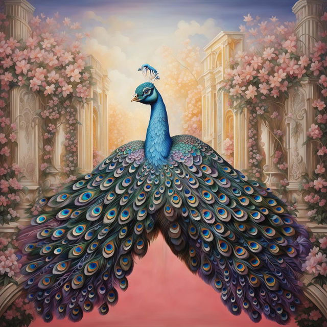 A Rococo-style painting featuring a symmetrical front view of a peacock in vibrant pastel colors, adorned with fractal patterns