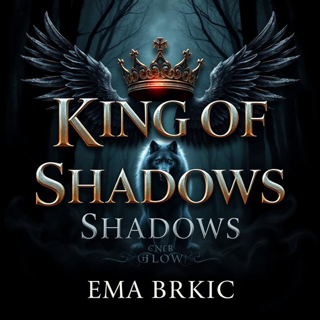 An enchanting book cover for 'King of Shadows', showcasing the title in striking metallic letters that catch the light