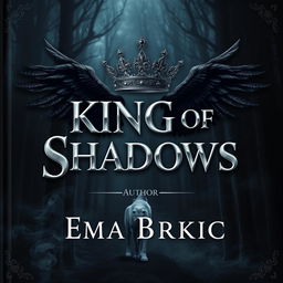 An enchanting book cover for 'King of Shadows', showcasing the title in striking metallic letters that catch the light