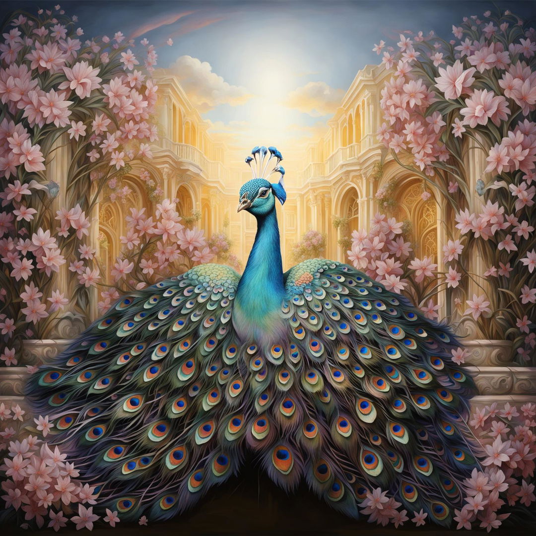 A Rococo-style painting featuring a symmetrical front view of a peacock in vibrant pastel colors, heavily adorned with fractal patterns