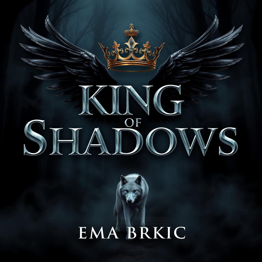 An enchanting book cover for 'King of Shadows', showcasing the title in striking metallic letters that catch the light