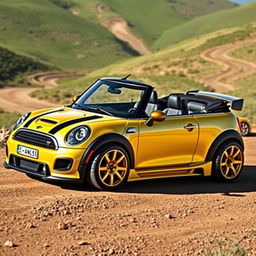 A stunning design of a bright yellow metallic Mini Cooper convertible, equipped with a futuristic body kit and wide rally wheels