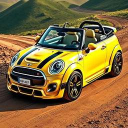 A stunning design of a bright yellow metallic Mini Cooper convertible, equipped with a futuristic body kit and wide rally wheels