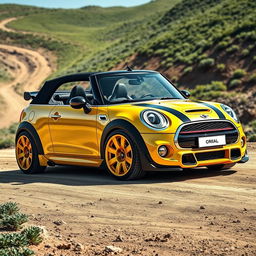 A stunning design of a bright yellow metallic Mini Cooper convertible, equipped with a futuristic body kit and wide rally wheels