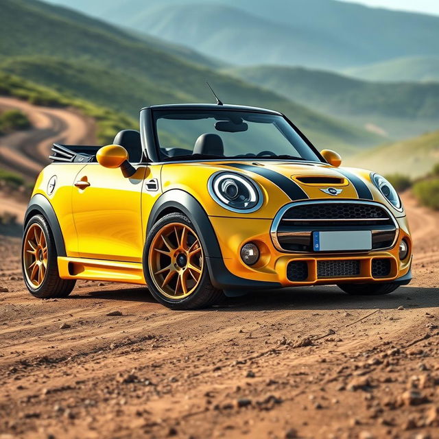 A stunning design of a bright yellow metallic Mini Cooper convertible, equipped with a futuristic body kit and wide rally wheels