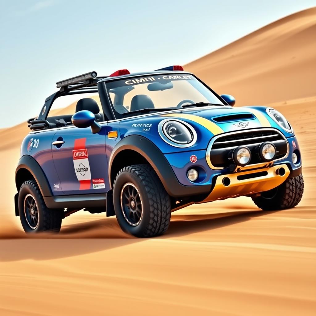 An impressive design of a metallic blue Mini Cooper convertible, specially modified for the Dakar rally