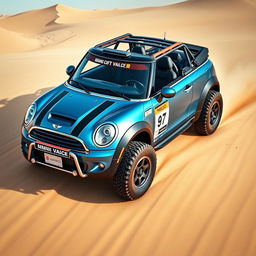 An impressive design of a metallic blue Mini Cooper convertible, specially modified for the Dakar rally