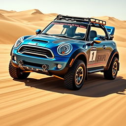 An impressive design of a metallic blue Mini Cooper convertible, specially modified for the Dakar rally
