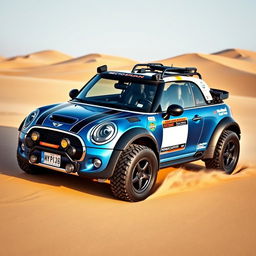 An impressive design of a metallic blue Mini Cooper convertible, specially modified for the Dakar rally