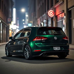 A dark green 2016 Volkswagen Golf featuring an aggressive body kit, parked in a dimly lit urban setting at night