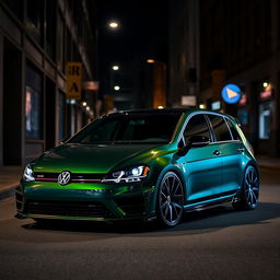 A dark green 2016 Volkswagen Golf featuring an aggressive body kit, parked in a dimly lit urban setting at night