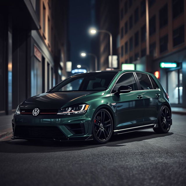 A dark green 2016 Volkswagen Golf featuring an aggressive body kit, parked in a dimly lit urban setting at night