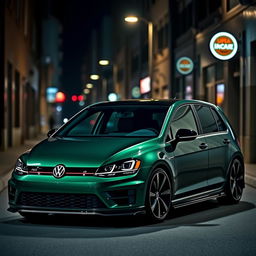 A dark green 2016 Volkswagen Golf featuring an aggressive body kit, parked in a dimly lit urban setting at night