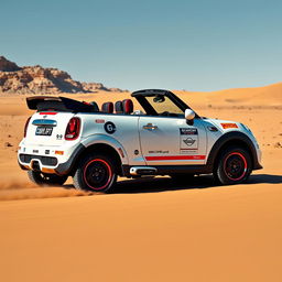 A stunning design of a John Cooper Works GP Mini Cooper convertible in pearlescent white, specially prepared for the Dakar rally