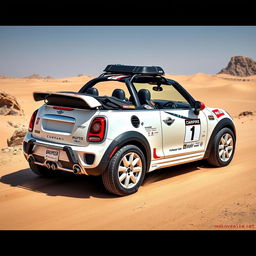 A stunning design of a John Cooper Works GP Mini Cooper convertible in pearlescent white, specially prepared for the Dakar rally
