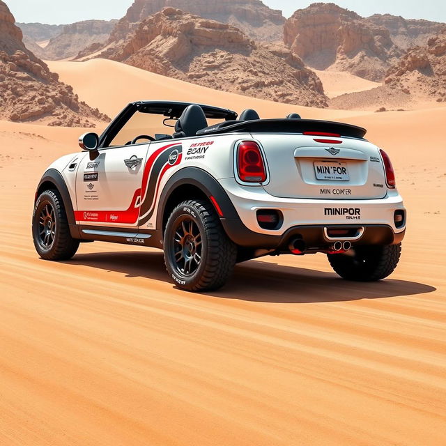 A stunning design of a John Cooper Works GP Mini Cooper convertible in pearlescent white, specially prepared for the Dakar rally