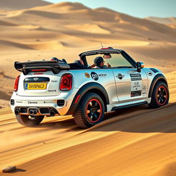 A stunning design of a John Cooper Works GP Mini Cooper convertible in pearlescent white, specially prepared for the Dakar rally
