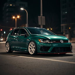 A 2016 Volkswagen Golf, colored dark green with sleek white rims, a striking black hood, and an aggressive bodykit, parked in a dark city at night