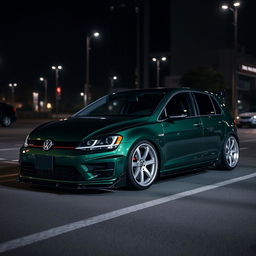 A 2016 Volkswagen Golf, colored dark green with sleek white rims, a striking black hood, and an aggressive bodykit, parked in a dark city at night