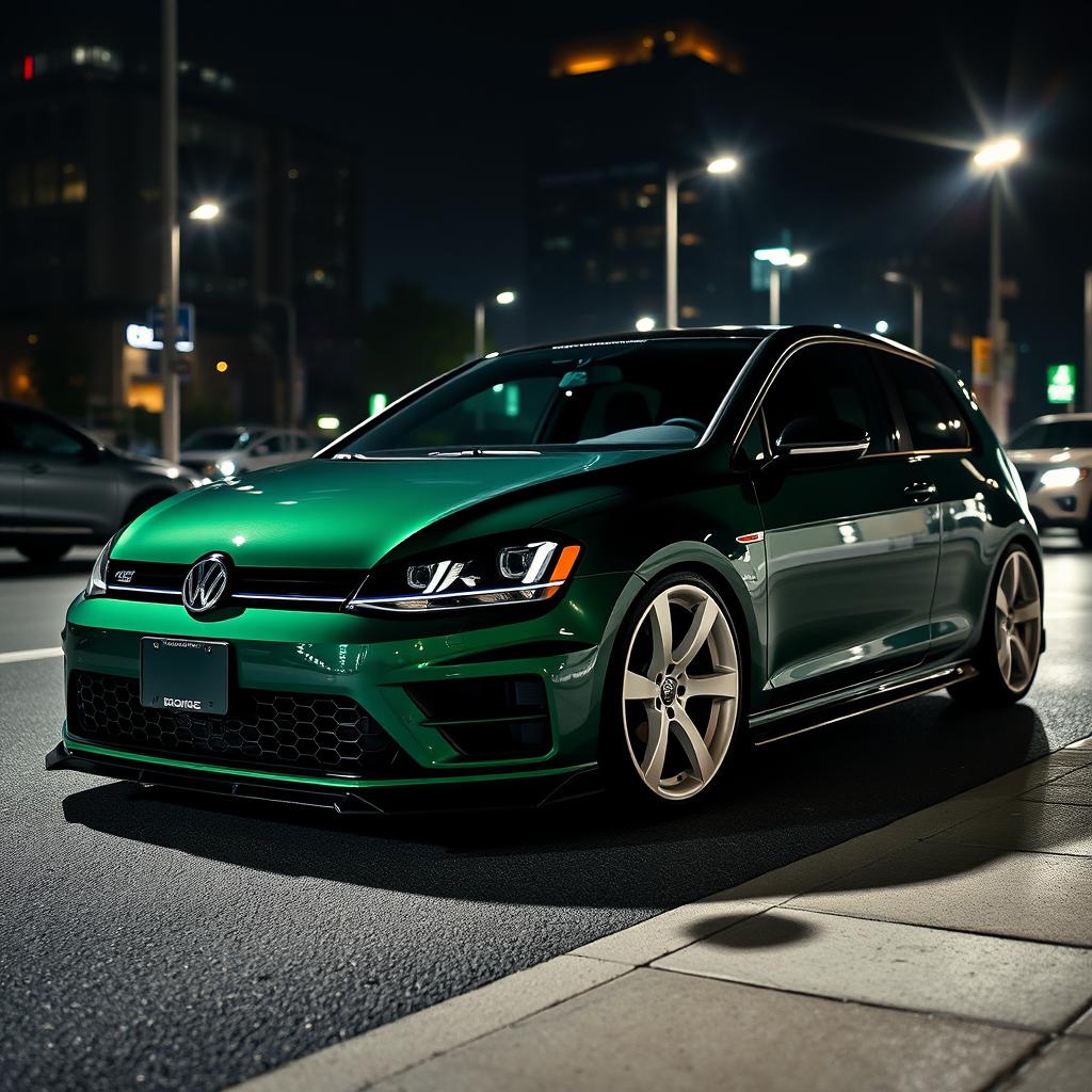 A 2016 Volkswagen Golf, colored dark green with sleek white rims, a striking black hood, and an aggressive bodykit, parked in a dark city at night