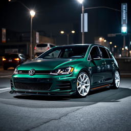A 2016 Volkswagen Golf, colored dark green with sleek white rims, a striking black hood, and an aggressive bodykit, parked in a dark city at night