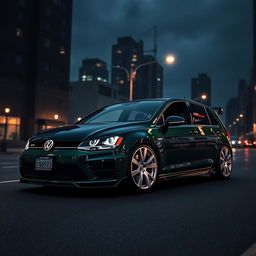 A dark green 2016 Volkswagen Golf featuring striking white rims and a sleek black hood, enhanced with an aggressive bodykit