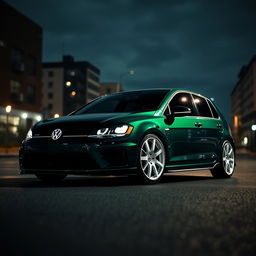 A dark green 2016 Volkswagen Golf featuring striking white rims and a sleek black hood, enhanced with an aggressive bodykit
