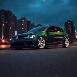 A dark green 2016 Volkswagen Golf featuring striking white rims and a sleek black hood, enhanced with an aggressive bodykit