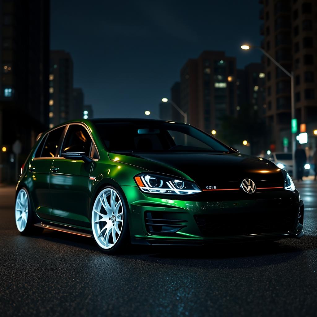 A dark green 2016 Volkswagen Golf featuring striking white rims and a sleek black hood, enhanced with an aggressive bodykit