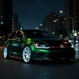 A dark green 2016 Volkswagen Golf featuring striking white rims and a sleek black hood, enhanced with an aggressive bodykit