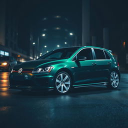 A dark green 2016 Volkswagen Golf parked in a dark, moody city setting