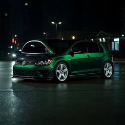 A dark green 2016 Volkswagen Golf parked in a dark, moody city setting