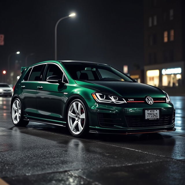 A dark green 2016 Volkswagen Golf parked in a dark, moody city setting