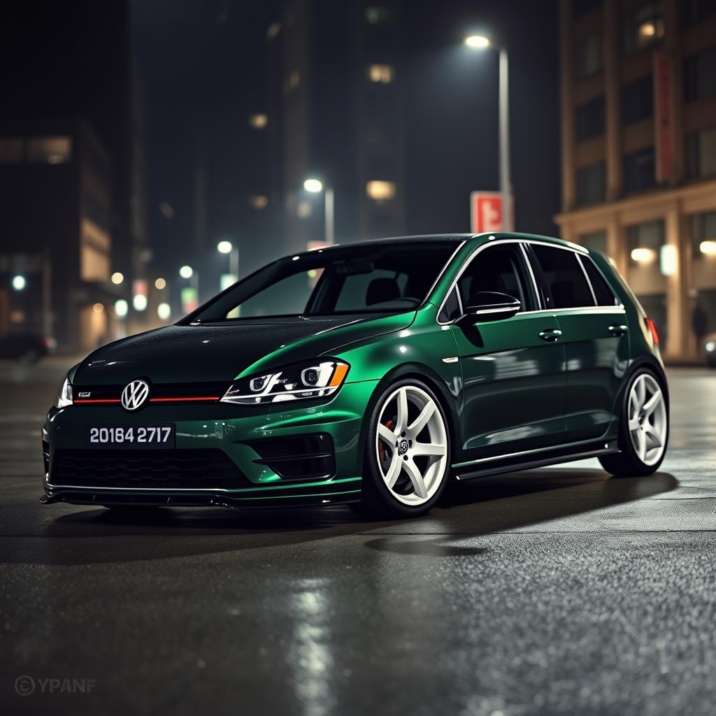 A dark green 2016 Volkswagen Golf parked in a dark, moody city setting