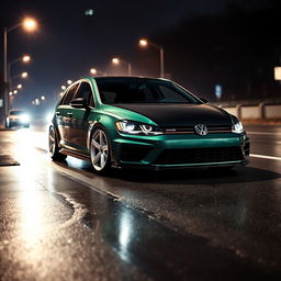 A sleek 2016 Volkswagen Golf in dark green, featuring striking white rims and a sporty black hood