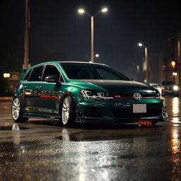 A sleek 2016 Volkswagen Golf in dark green, featuring striking white rims and a sporty black hood