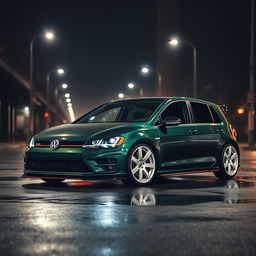 A sleek 2016 Volkswagen Golf in dark green, featuring striking white rims and a sporty black hood