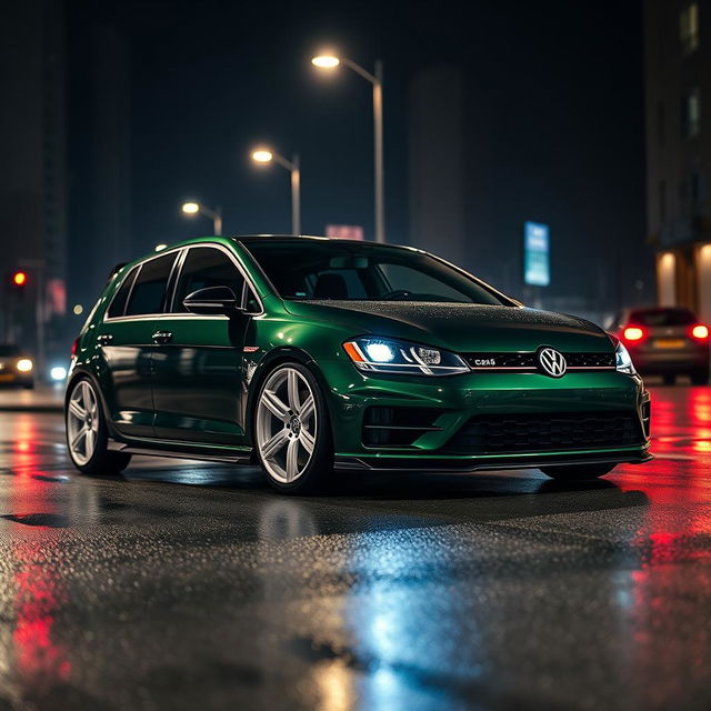 A sleek 2016 Volkswagen Golf in dark green, featuring striking white rims and a sporty black hood