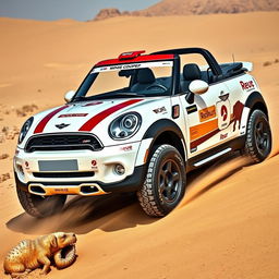 A captivating design of a John Cooper Works GP Mini Cooper with four doors, convertible, in pearlescent white, specifically modified for the Dakar rally