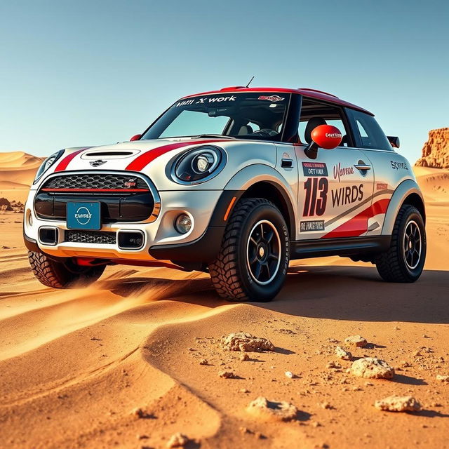 A captivating design of a John Cooper Works GP Mini Cooper with four doors, convertible, in pearlescent white, specifically modified for the Dakar rally