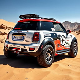 A captivating design of a John Cooper Works GP Mini Cooper with four doors, convertible, in pearlescent white, specifically modified for the Dakar rally