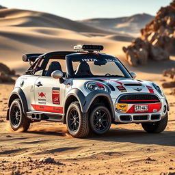 A captivating design of a John Cooper Works GP Mini Cooper with four doors, convertible, in pearlescent white, specifically modified for the Dakar rally