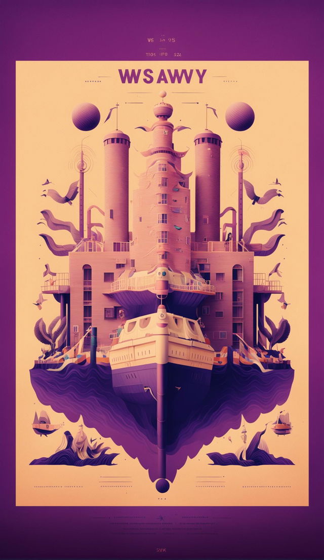 Lavender purple 32k poster inspired by Wes Anderson's style, featuring symmetrical composition, vintage typography, and iconic elements from his films