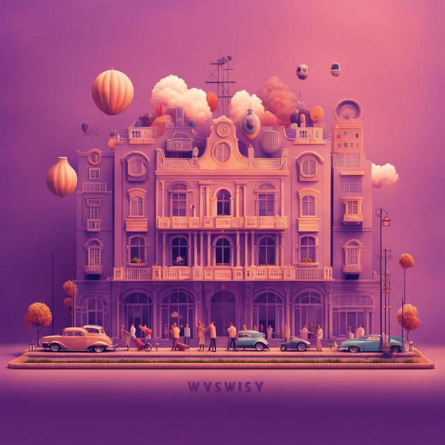 A lavender purple digital art poster inspired by Wes Anderson's style featuring a detailed building at its center, bustling street scene below, clear sky with hot air balloons above, and retro typography