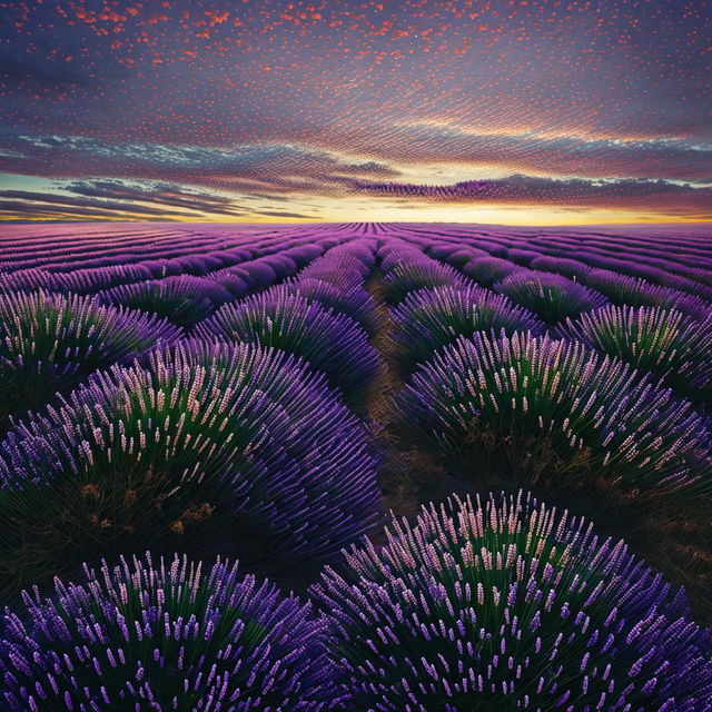 A 32k resolution photograph of a vast lavender field under a purple sky, captured with a 200mm lens.