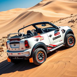 A striking design of a John Cooper Works GP Countryman convertible in pearlescent white, specially modified for the Dakar rally
