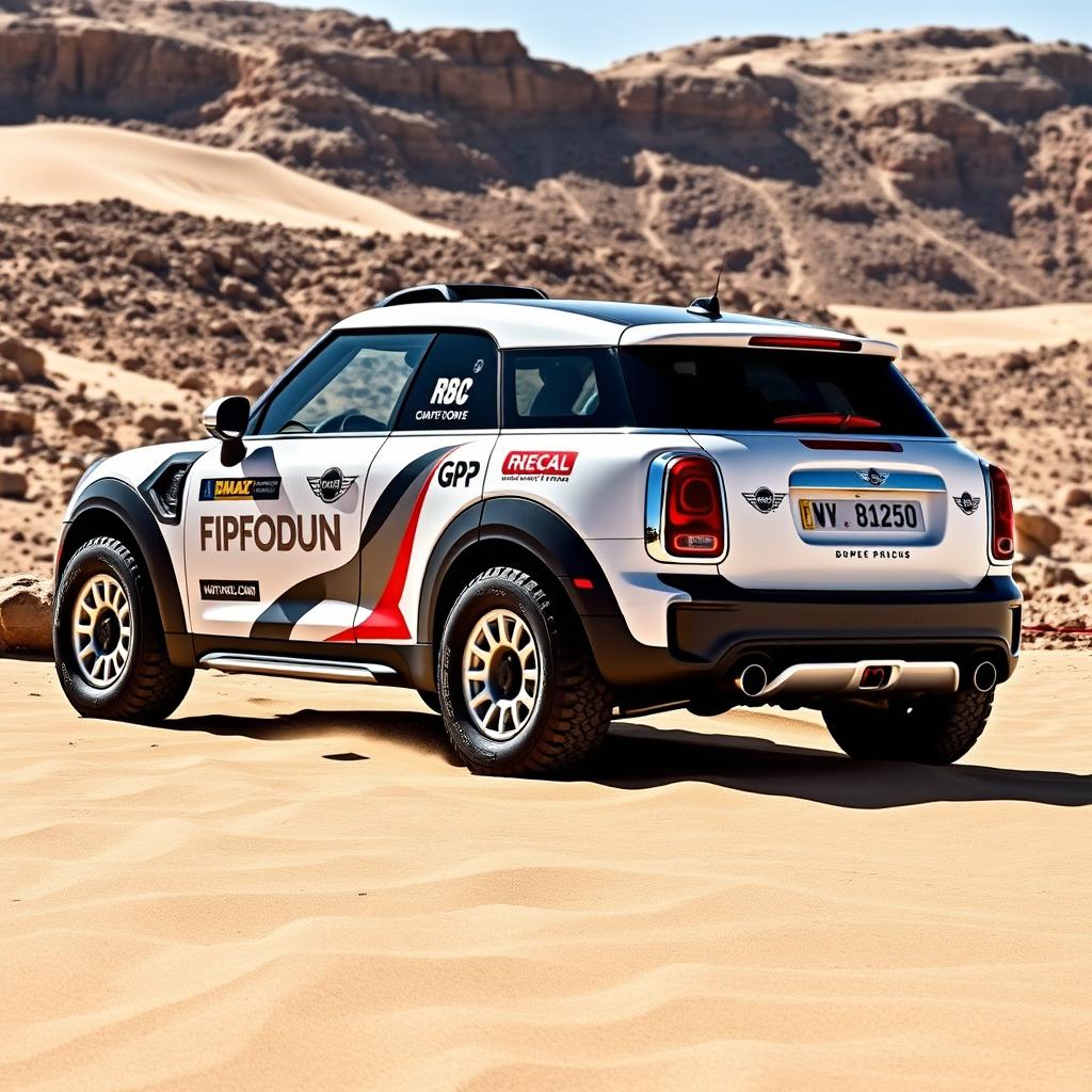 A striking design of a John Cooper Works GP Countryman convertible in pearlescent white, specially modified for the Dakar rally